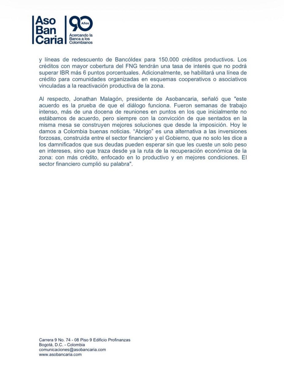 JoMalagon's tweet photo. Tras semanas de trabajo conjunto entre @Asobancaria, @MinHacienda y @SFCsupervisor, hoy firmamos Abrigo, una alternativa a las inversiones forzosas.

Un plan muy positivo para las familias afectadas por la emergencia climática y clave en la reactivación económica de esta zona.

A continuación el comunicado.
