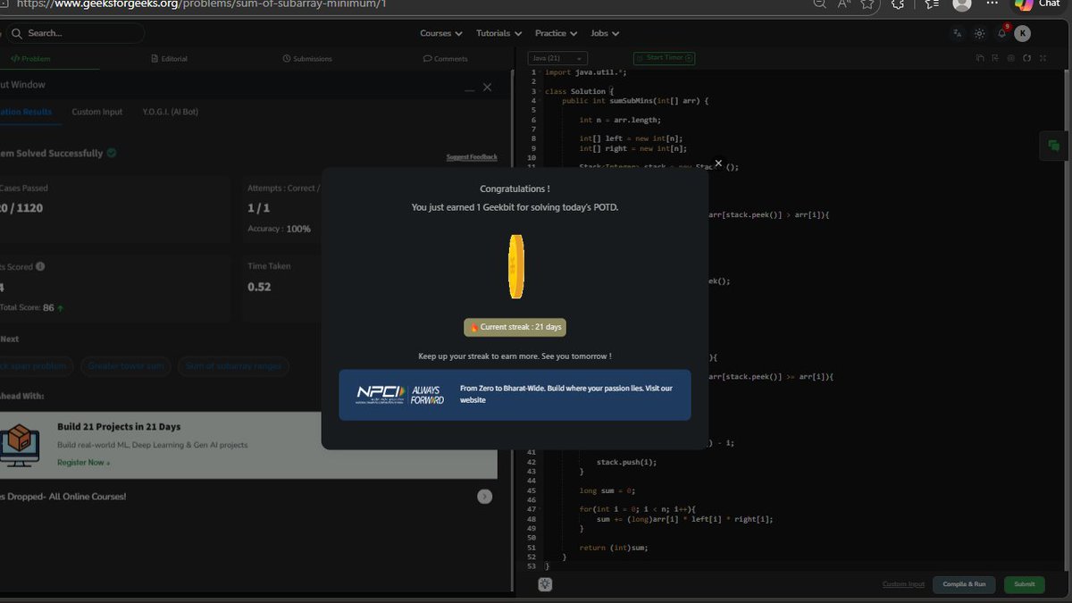 krishnkumar989's tweet photo. Day 21 of #GeekStreak60 ✅

Three weeks of solving the daily POTD on GeeksforGeeks as part of the 60-day challenge powered by NPCI.

21 days of discipline.
Still going strong. 🚀
#npci #dsa #problemsoftheday #codingjourney #consistency

@geeksforgeeks @NPCI_NPCI https://t.co/FTvT0IC8CP