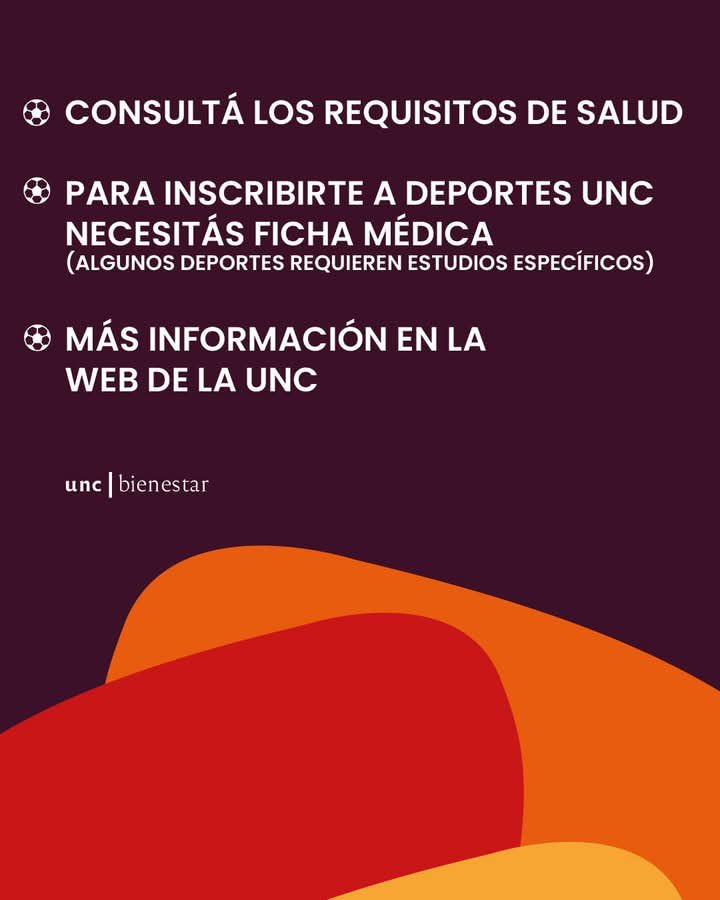 UNCDeportes's tweet photo. Vuelven los deportes a la UNC!✨

🔎 Encontrá toda la información y los requisitos detallados en la web de la UNC.

📬 Consultas por mail: atpublico.deportes@estudiantiles.unc.edu.ar
O presencial en atención al público de la Dirección de Deportes

#bienestaruniversitario #bimo https://t.co/OhndoK5qSj