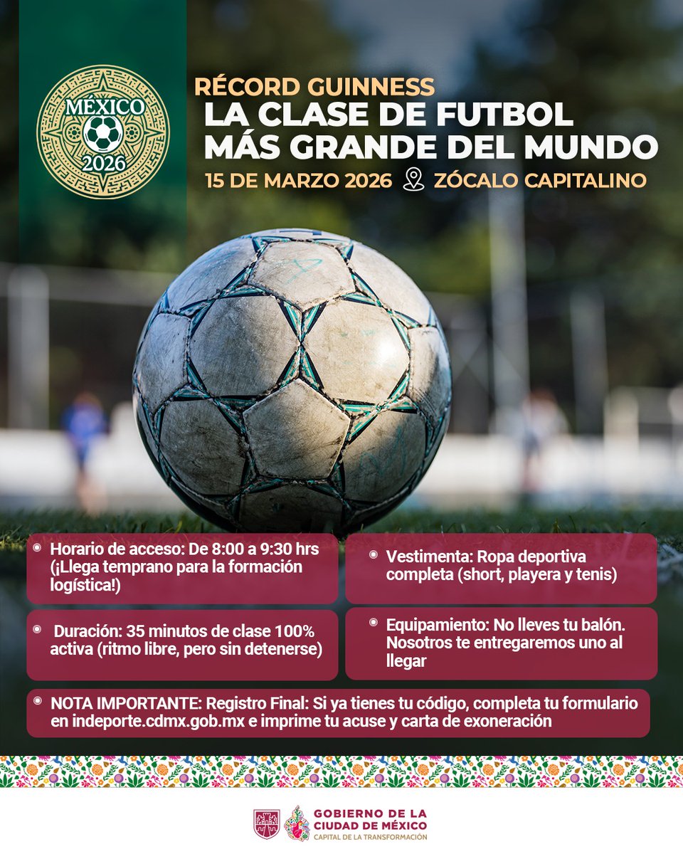 ⚽🏙️ ¡La cancha más grande de la ciudad te espera!
La cuenta regresiva ya comenzó para la Clase de Futbol más grande del mundo. Si participaste en los entrenamientos masivos, ya estás muy cerca de ser parte de este gran momento para hacer historia juntos. 🔥⚽🥅
📲 Ingresa a la