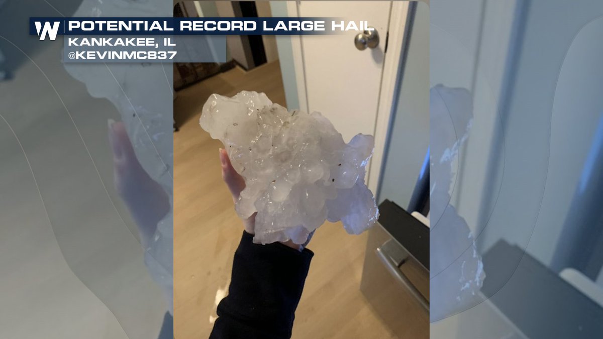 WeatherNation's tweet photo. Forget state records, hail near Kankakee, IL yesterday may be challenging NATIONAL records.

This hail stone will need to be examined, but it could be topping 7-8 inches in diameter.

Record is currently held at 8 inches from Vivian, SD.

More: https://t.co/E8zZ5A76HH https://t.co/OwjfrSMOWB