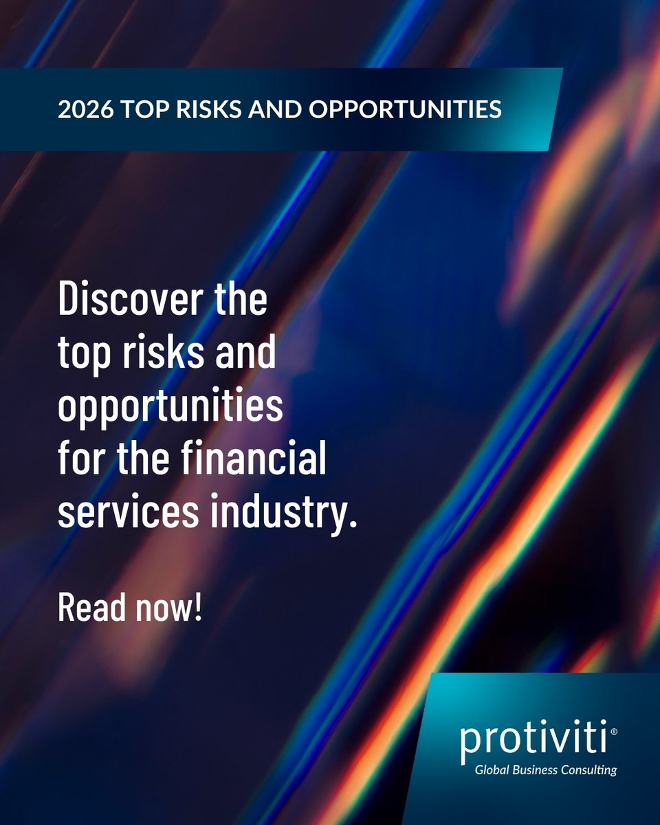Protiviti's tweet image. Simplify, clarify what you do best, and modernize the tech that powers it. Financial services firms that invest now will outperform, out‑innovate, and out‑grow those who hesitate. bit.ly/4cWP7Ls #Protiviti #TopRisks #2026RisksAndOpportunities