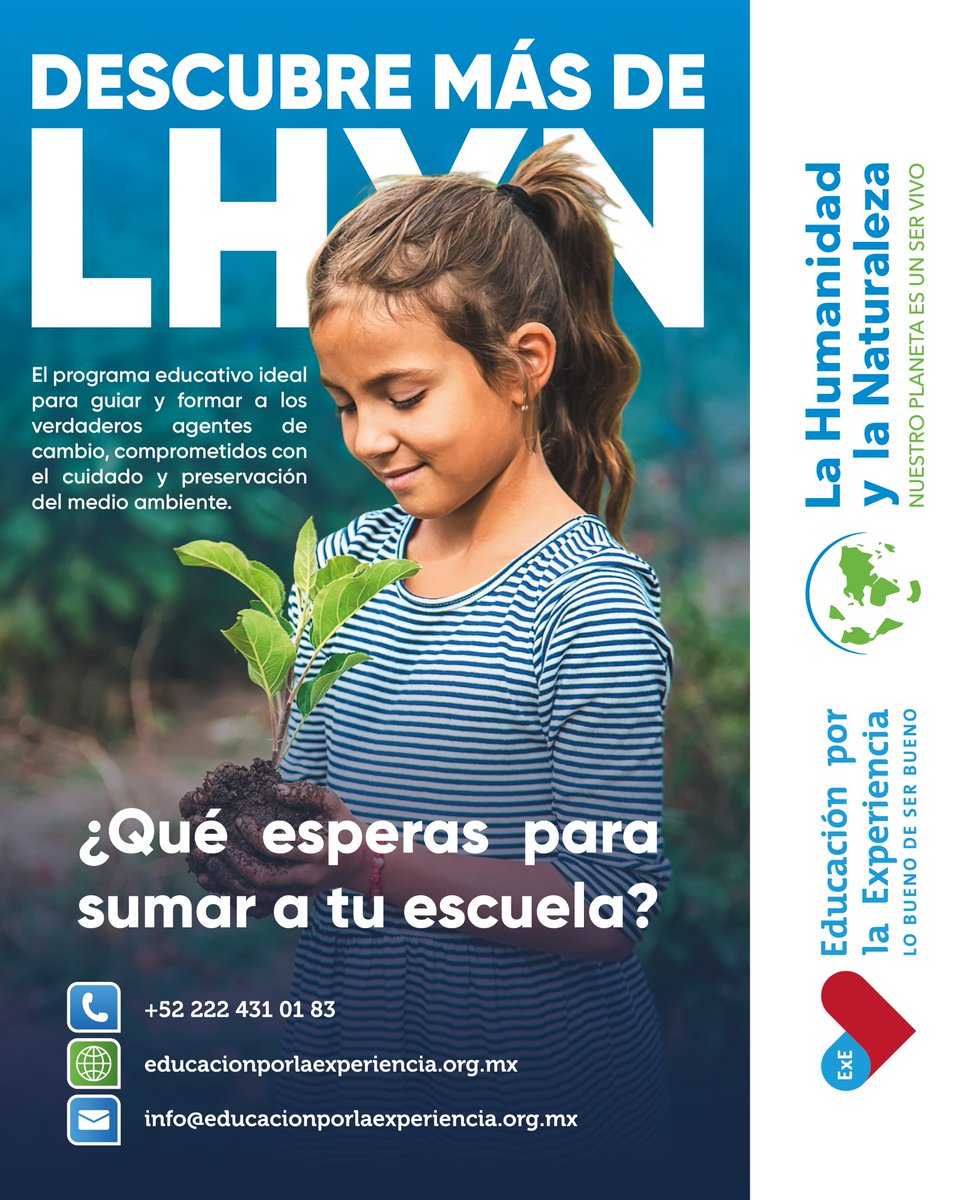 Suma a tu colegio e innova con nuestro programa LHYN. 🌲🌳☀️🌎

📞Tel. 222 431 01 83
📲Whatsapp:  222 709 4756 o directamente en: wa.link/uk0z3h
📩Correo: info@educacionporlaexperiencia.org.mx

#ExE #Contáctanos #Programas #Educación #Valores #medioambiente #naturaleza