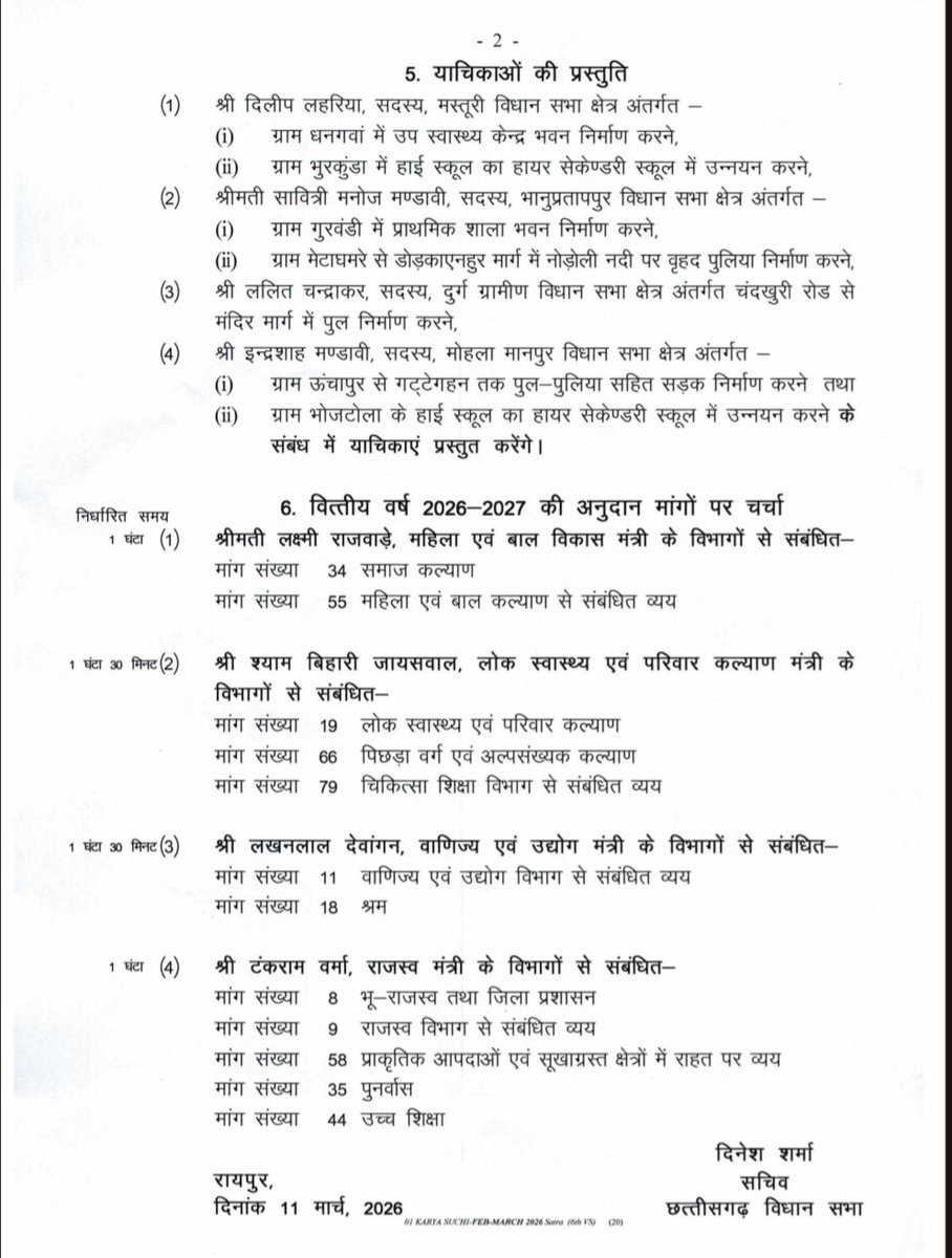 कार्यसूची
दिनांक : 12 मार्च 2026 (गुरुवार)

#BudgetSession2026 #CGVidhansabha

<a href="/drramansingh/">Dr Raman Singh</a> <a href="/vishnudsai/">Vishnu Deo Sai</a> <a href="/DrCharandas/">Dr. Charan Das Mahant</a> <a href="/KedarKashyapBJP/">Kedar Kashyap</a>