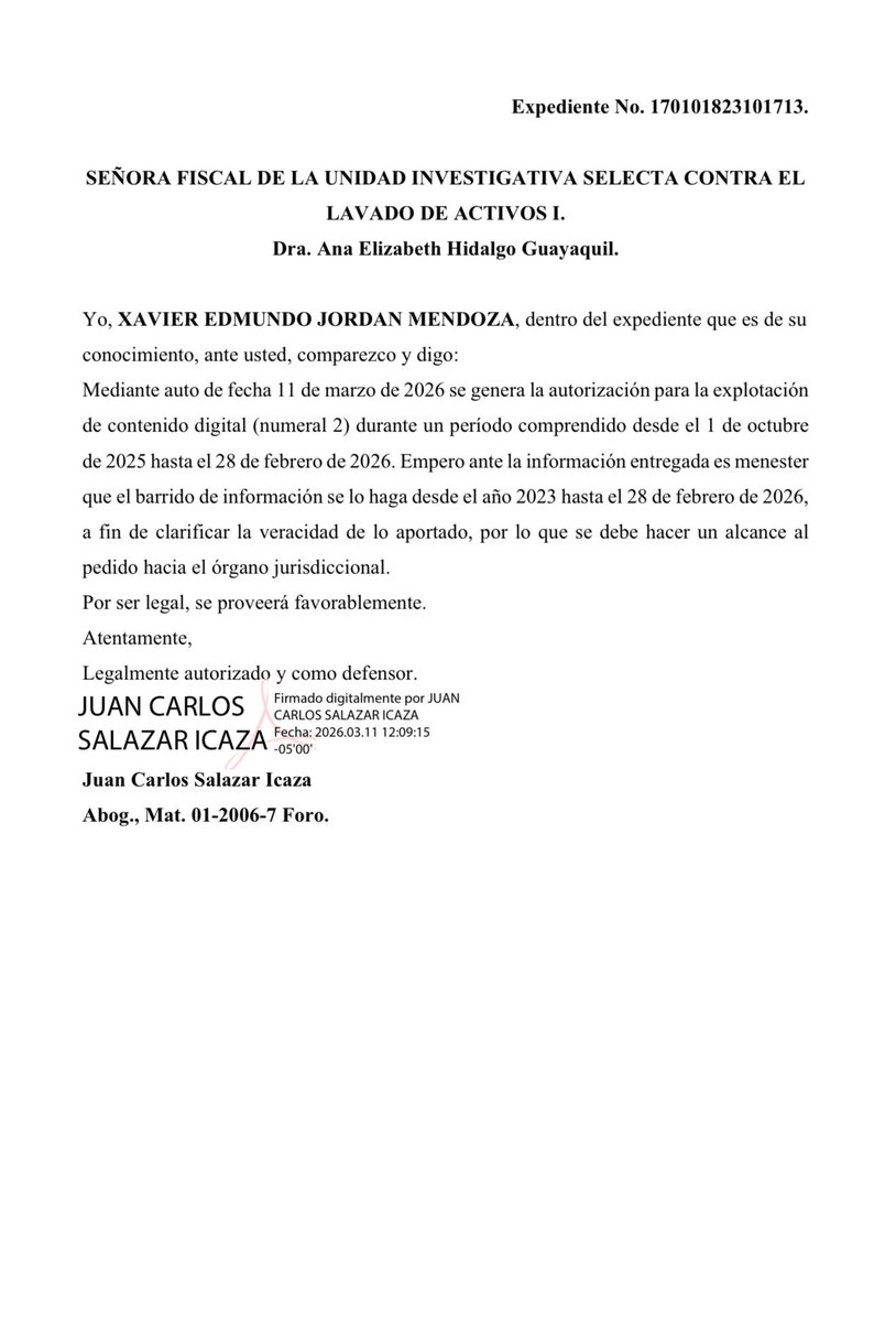.<a href="/CorteNacional/">Corte Nacional de Justicia</a> 

Ecuador 🇪🇨

He solicitado formalmente a <a href="/FiscaliaEcuador/">Fiscalía Ecuador</a> que requiera a Google la extracción, análisis y materialización completa de la cuenta personal del testigo protegido Marcelo Lasso.

El Ecuador merece conocer toda la verdad. 

Por ello, la información