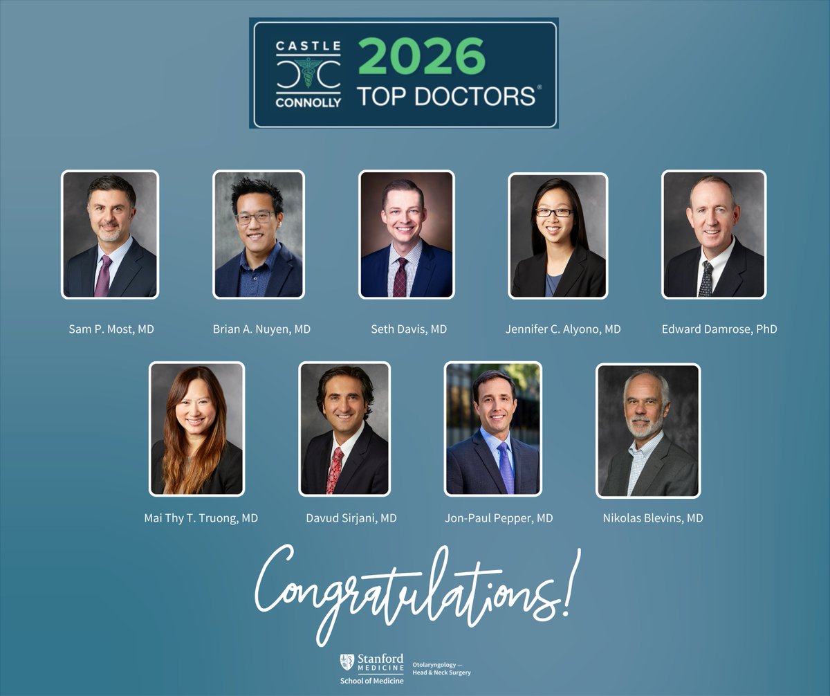 StanfordOHNS's tweet photo. Congratulations to the 2026 Castle Connolly Top Doctors!
We are proud to announce that 18 of our physicians have been recognized as Top Doctors in their field.
#stanfordohns #stanfordmedicine #castleconnolly #topdoctors2026 https://t.co/Fnfm0q4Ezr