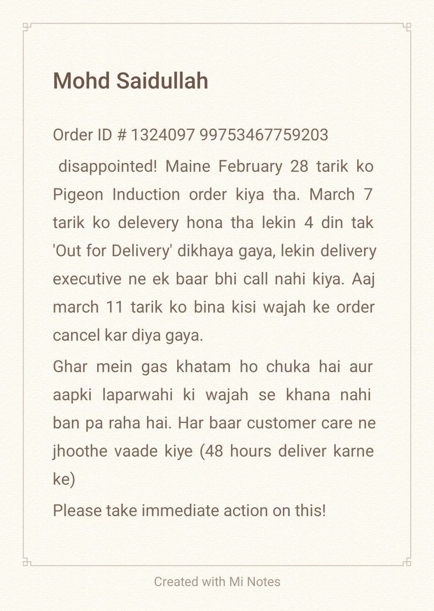 SaidullahS1's tweet image. Shameful service by @Myntra @MyntraSupport. My induction order was cancelled after 4 days of 'Out for Delivery' status. No call from delivery boy. My kitchen is non-functional because of this delay. Is this how you treat your customers in an emergency?
  #Myntra #BadService