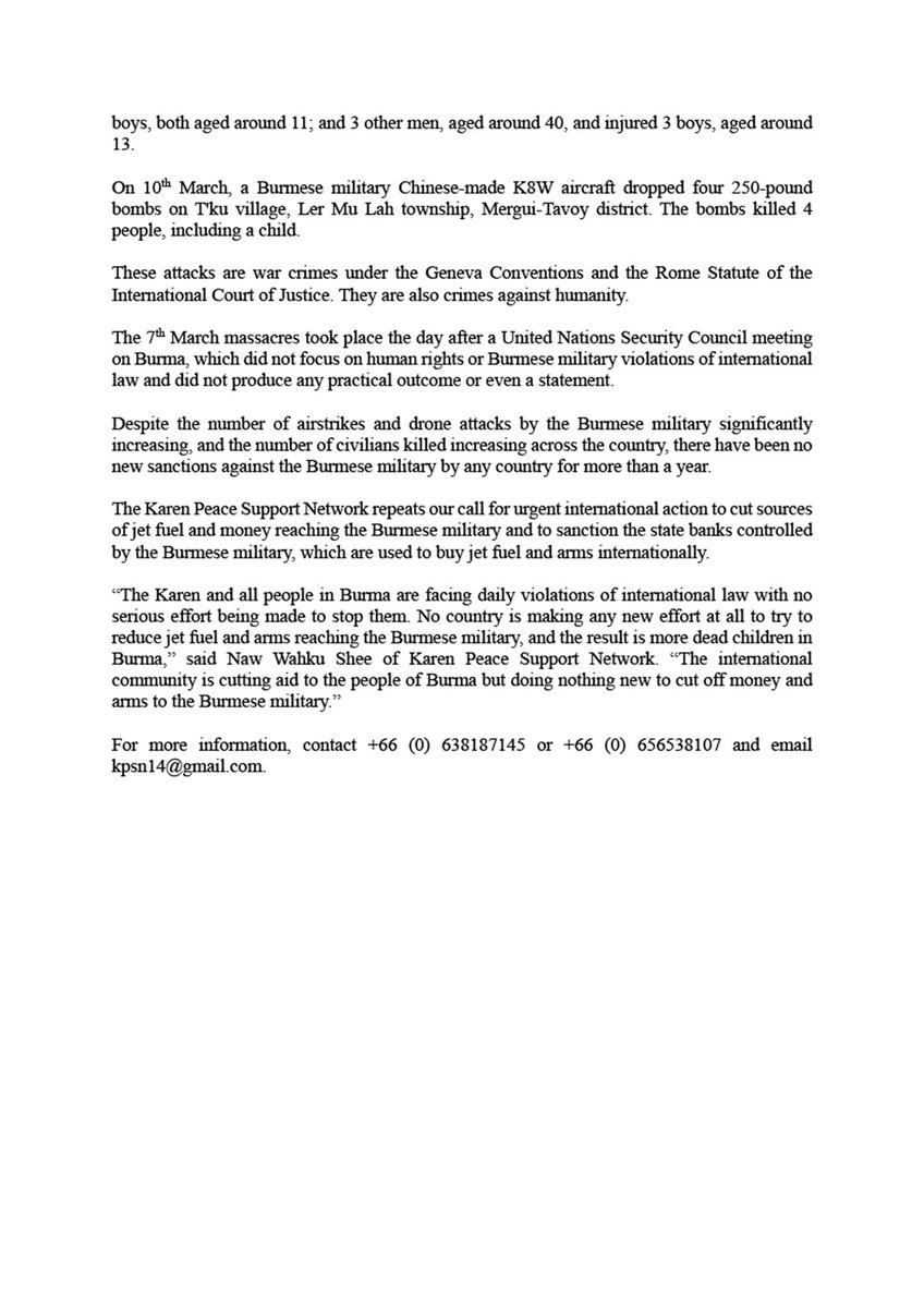 41 innocent civilians, including 18 children, were killed in brutal Burmese military attacks from March 7th to 10th 2026, in Kawthoolei. Karen Peace Support Network demands urgent international action to cut off jet fuel and money supplies to the Burmese military. <a href="/KPSN19/">Karen Peace Support Network</a>