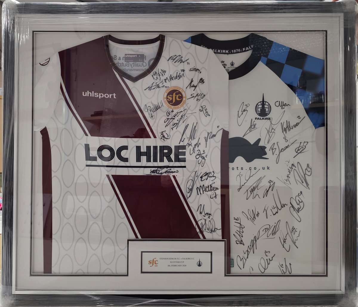 First4frames's tweet photo. Two local rivals, one frame ⚽🖼️

We recently framed two signed shirts from a local match in a single frame – something we don’t usually recommend due to the size &amp; weight. But this one turned out brilliantly and looks fantastic on display.

Thanks to Stenhousemuir Football Club. https://t.co/OYzncMcXYy