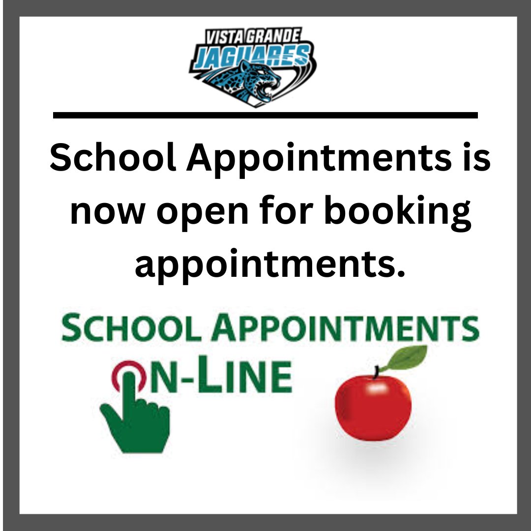 School Appointments is now open for booking parent/teacher interviews for Thursday March 19th.  Use this link to sign up:

…elavistagrande.schoolappointments.com