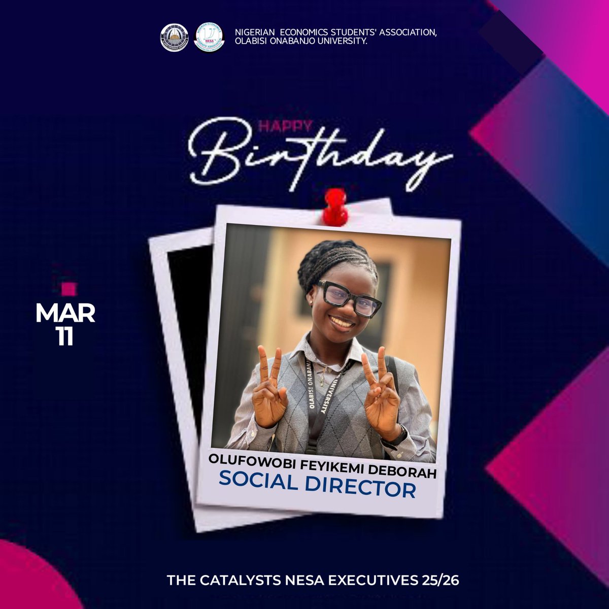 NESA_OOU's tweet photo. Happy Birthday to our Social Director, Olufowobi Feyikemi Deborah! 
May your day be bright and amazing as you are!🎉
Wishing you a year filled with joy, growth, grace and success.
Live long 🥂 https://t.co/GsaF8M4ag5
