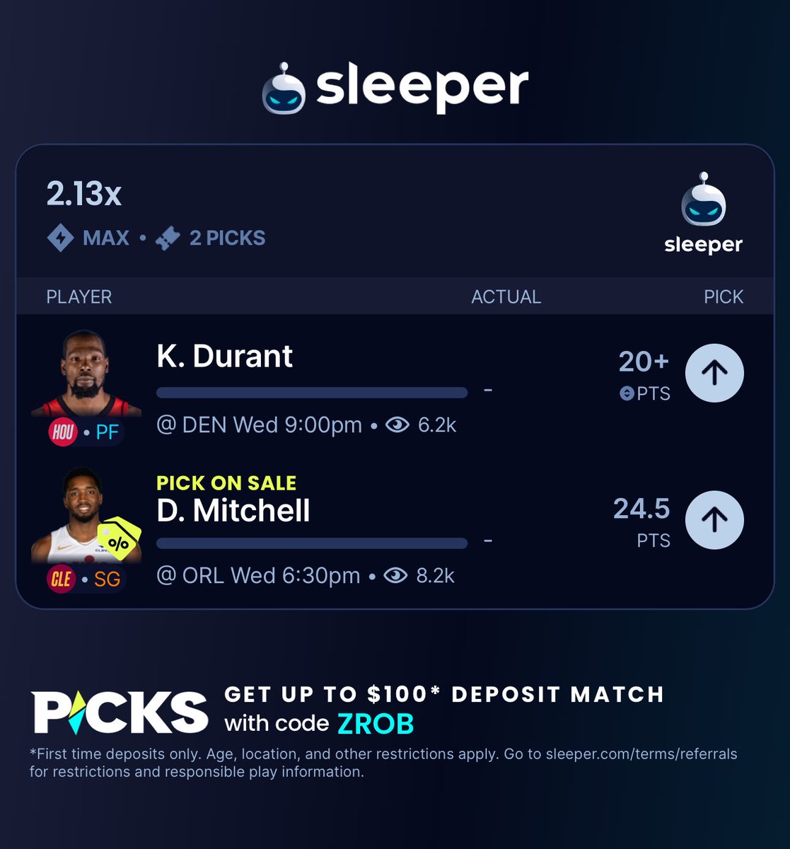 ZRob4444's tweet photo. NBA Sleeper double up💤💤

We’ve been heating up over here and stacking up some Sleeper cash! Let’s take down another easy one😤

FREE $20 — No Deposit Required!
Plus, first-time users also receive a 100% deposit match up to $100⬇️

https://t.co/RsAvTzyJXp
Code- ZROB https://t.co/r7oy1AUiNW