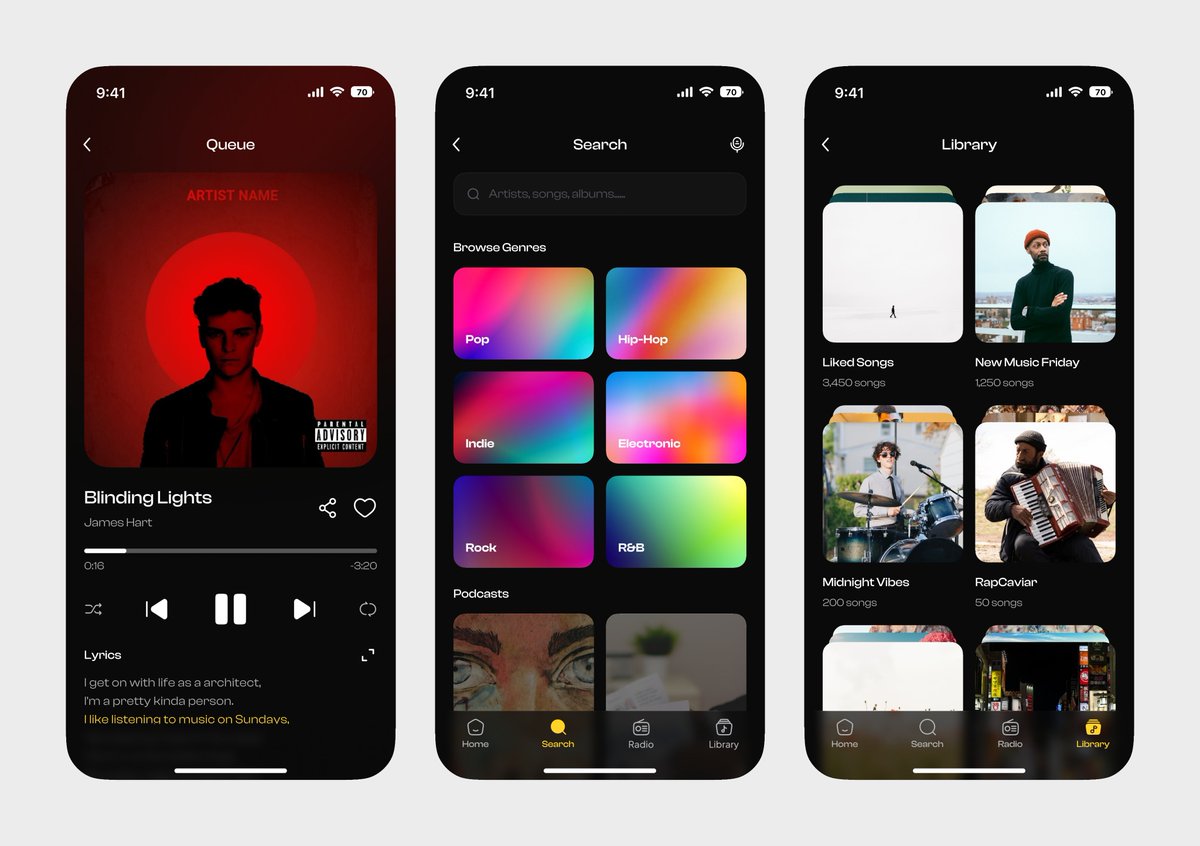 Aniezesidney's tweet image. Day 6 of my #30DaysOfDesign challenge 🎵

Designed a dark music player UI blending Apple Music + Spotify aesthetics from scratch.

🖤 #0a0a0a base
⭐ #ffd32a gold accents
🔤 Clash Display font

Library · Now Playing · Discover

#UIDesign #DesignChallenge #MusicUI #DarkMode #Figma