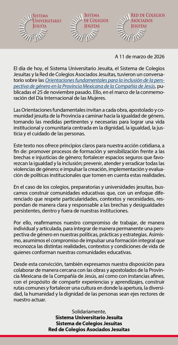 suj_contigo's tweet photo. #COMUNICADO

Derivado del conversatorio Orientaciones fundamentales para la inclusión de la perspectiva de género en la Provincia @Jesuitas_Mexico, realizado en el marco de #8M.

Más🔗https://t.co/QLgk2YmlAs

#EducaciónJesuitaMX #8M https://t.co/hdzVMyfoiX