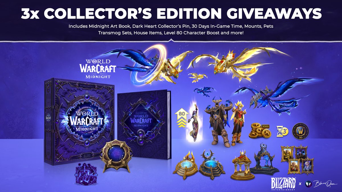 🌑 WOW Midnight Collectors Edition #Giveaways 🌑

To celebrate World Of <a href="/Warcraft/">World of Warcraft</a> Midnight we're teaming with <a href="/Blizzard_Ent/">Blizzard Entertainment</a> to give you 3 chances of winning their Midnight Collectors Edition!

🔹Follow <a href="/BlueandQueenie/">Simon Blue</a>
🔸Tag a friend
🔹Retweet
🔸Enter blueandqueenie.com/giveaways #ad
