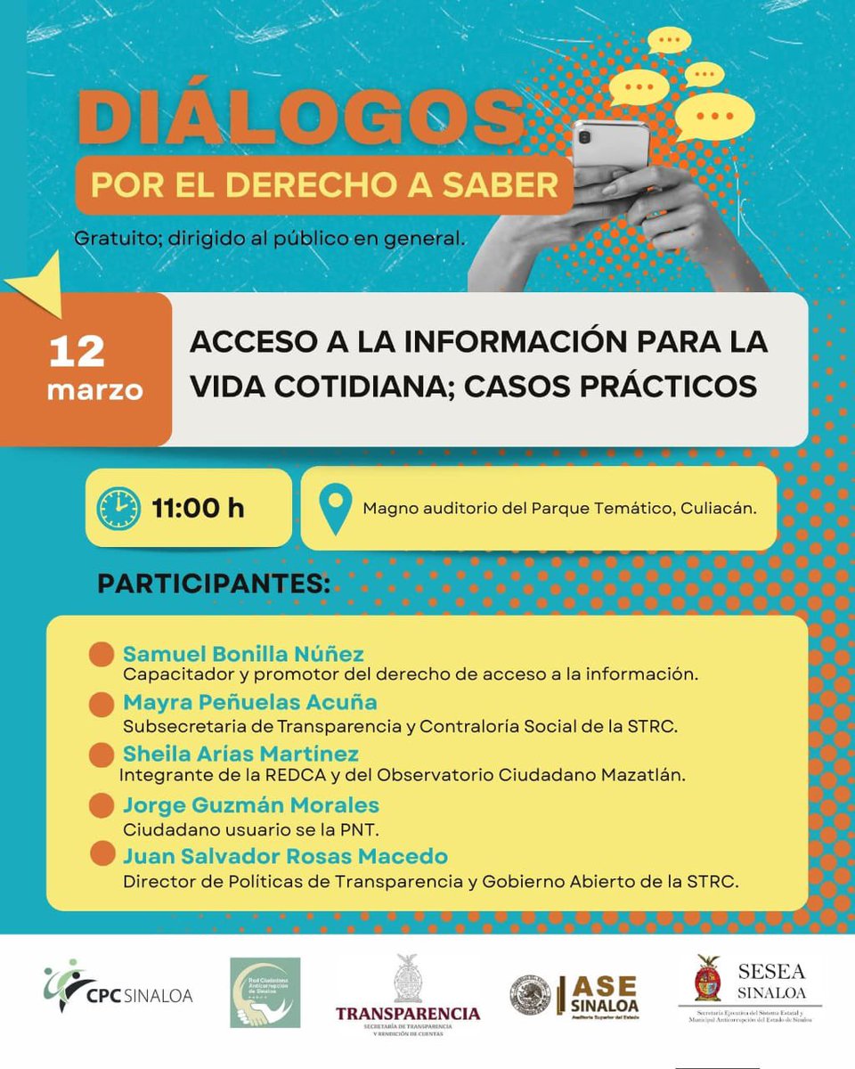 MAÑANA 12 DE MARZO.

👁️‍🗨️ Cómo puedes usar el acceso a la información para buscar soluciones a problemáticas sociales?

🕑 11:00 horas
📍 Aula Magna del Parque Temático Culiacán.
✅ Abierto al público en general.
▶️ Presencial y virtual por YouTube:
youtube.com/CPCSinaloa