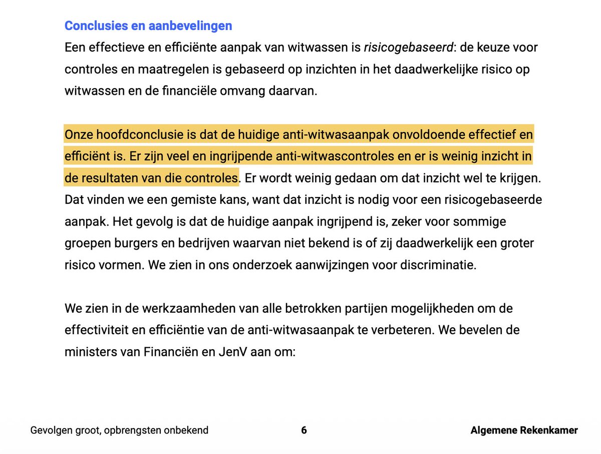 Rekenkamer: Nederlandse witwasaanpak is niet effectief, niet efficiënt, discrimineert en zorgt voor onnodige controles en kosten.

Alleen al bij banken 13.000 fte.
Eindeloos gedoe bij elke onboarding.
Talloze mensen onterecht afgesloten van bankdiensten. 

Opbrengst? Onbekend.
