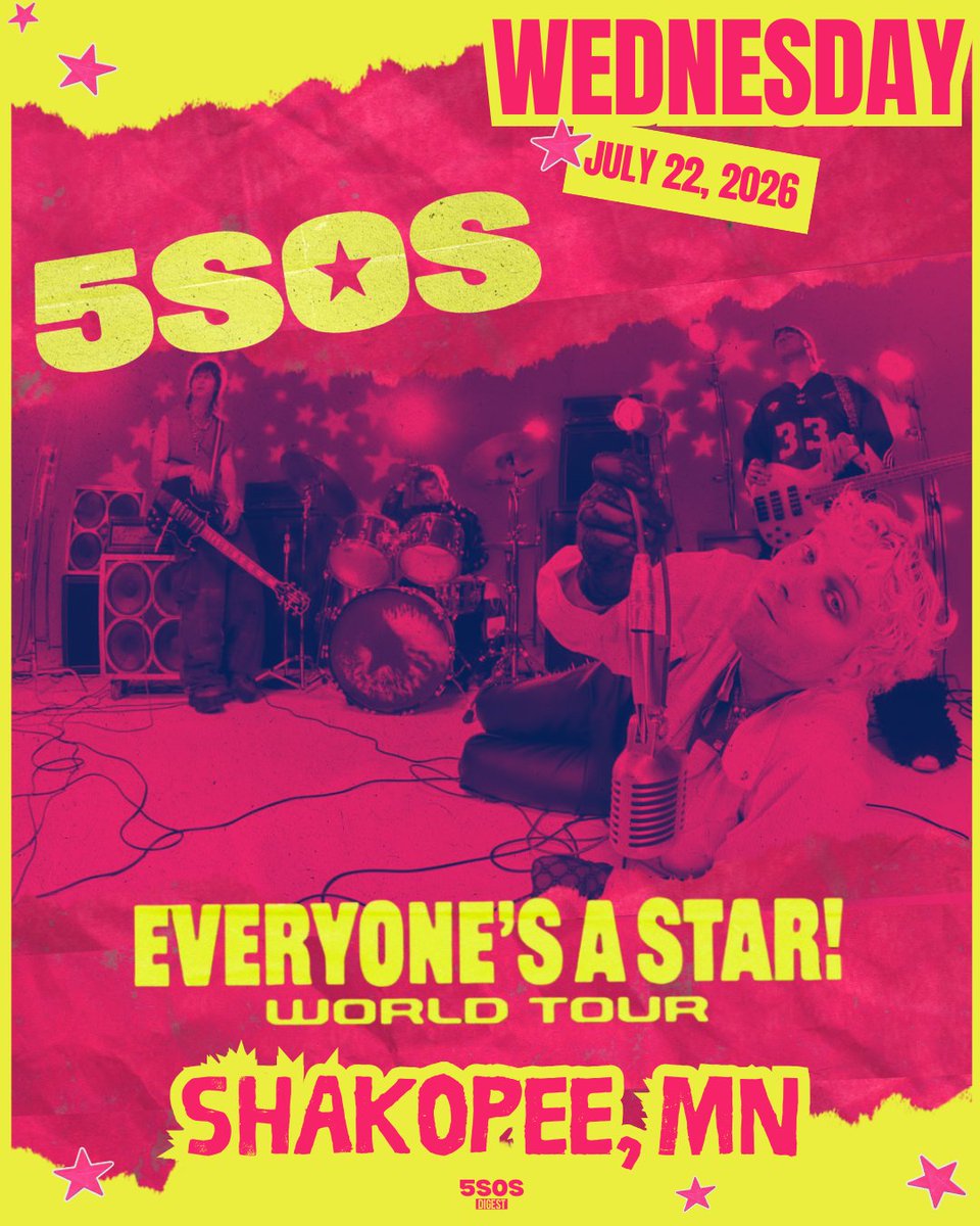 DigestEASTour's tweet photo. EVERYONE'S A STAR in SHAKOPEE.
Night 49.
July 22nd, 2026.
🏟️: Mystic Lake Amphitheater, Shakopee
👥: 19,000
⏰: 9PM (CDT)
🔗: https://t.co/thhZ5IrYEf
@MysticLakeAmp x @5SOS 

#ShakopeeIsAStar🏇
#EASShakopee⭐️ https://t.co/hK20BnAOeQ