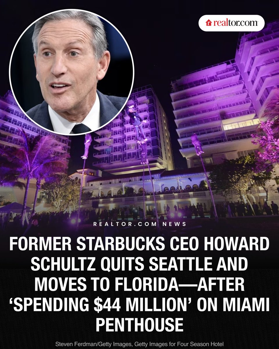 realtordotcom's tweet image. Former Starbucks CEO Howard Schultz has paid $44 million for a Miami penthouse, relocating permanently from Seattle, on the same day Washington state's House approved a 9.9% income tax on earnings over $1 million. Schultz, 72, made no mention of the tax in a LinkedIn post