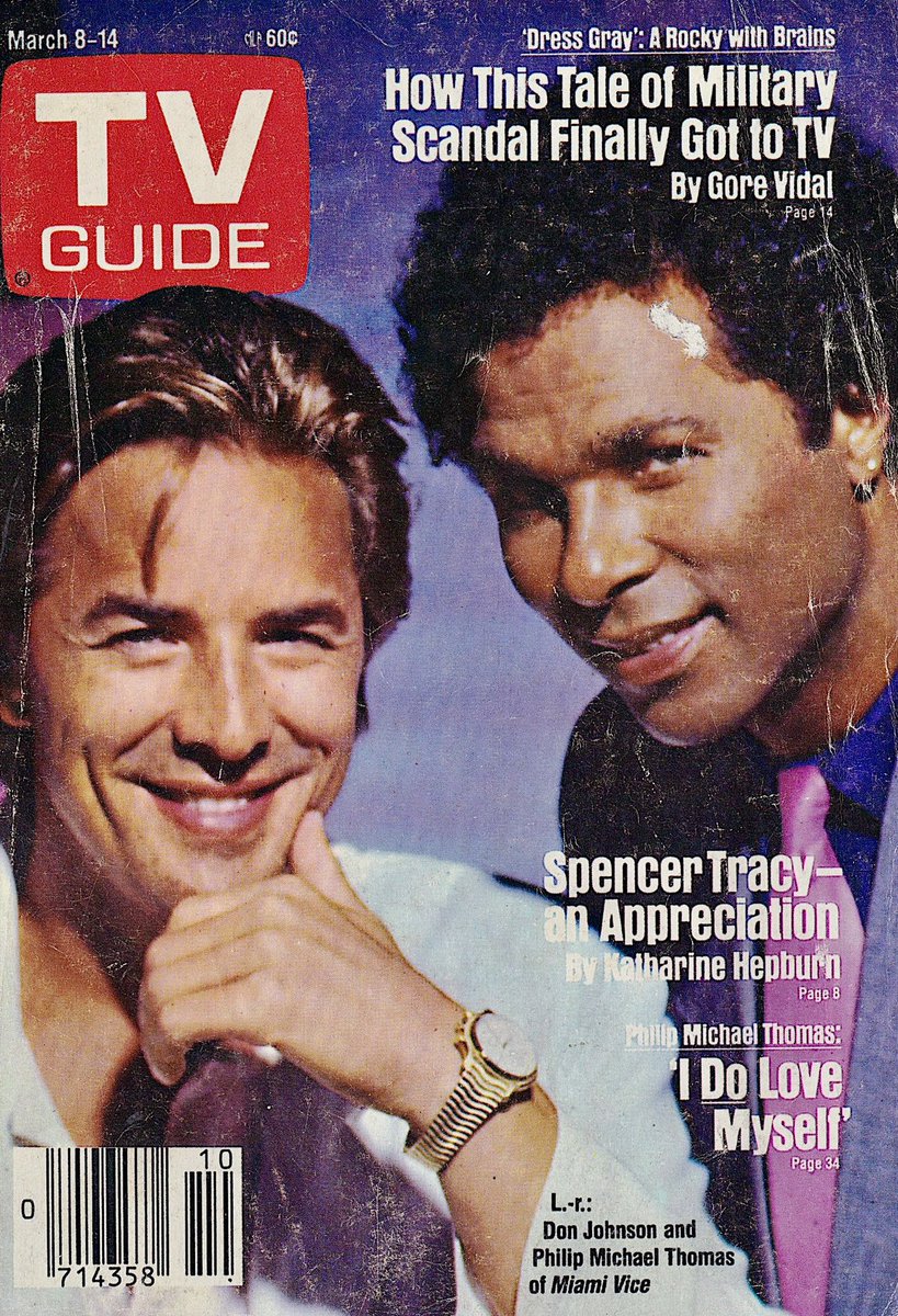Portada de la revista TV Guide, 8-14 de marzo de 1986: Don Johnson y Philip Michael Thomas de "Miami Vice". La serie tuvo cinco temporadas en NBC, del 16 de septiembre de 1984 al 28 de junio de 1989, con un total de 114 episodios. 📺