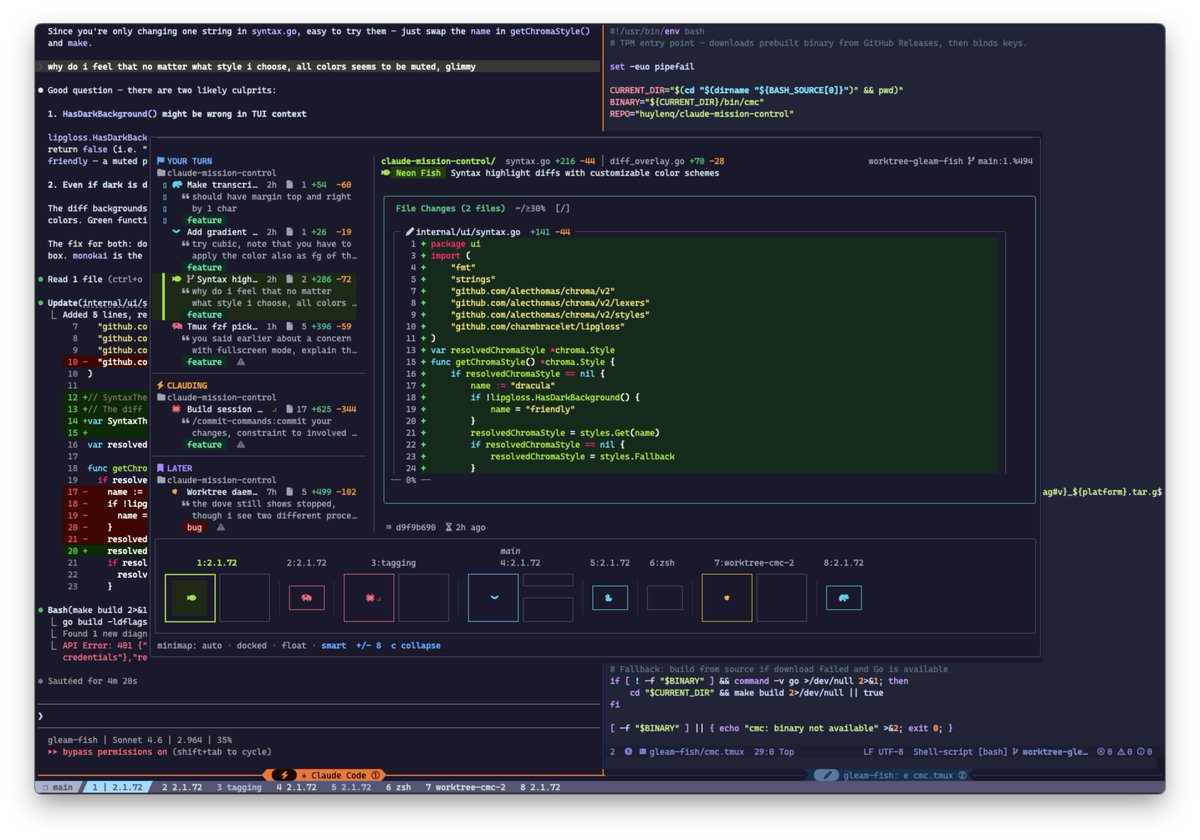 huylenq's tweet photo. @karpathy @nummanali I wanted both so I made that command center with a tmux panes minimap. Either displayed as a tmux popup or fullscreen, so dedicated monitor is inherently supported ;)
Didn't think of teams awareness capability earlier, but sounds a fascinate UX problem to ponder on. https://t.co/4oPOw82XSS