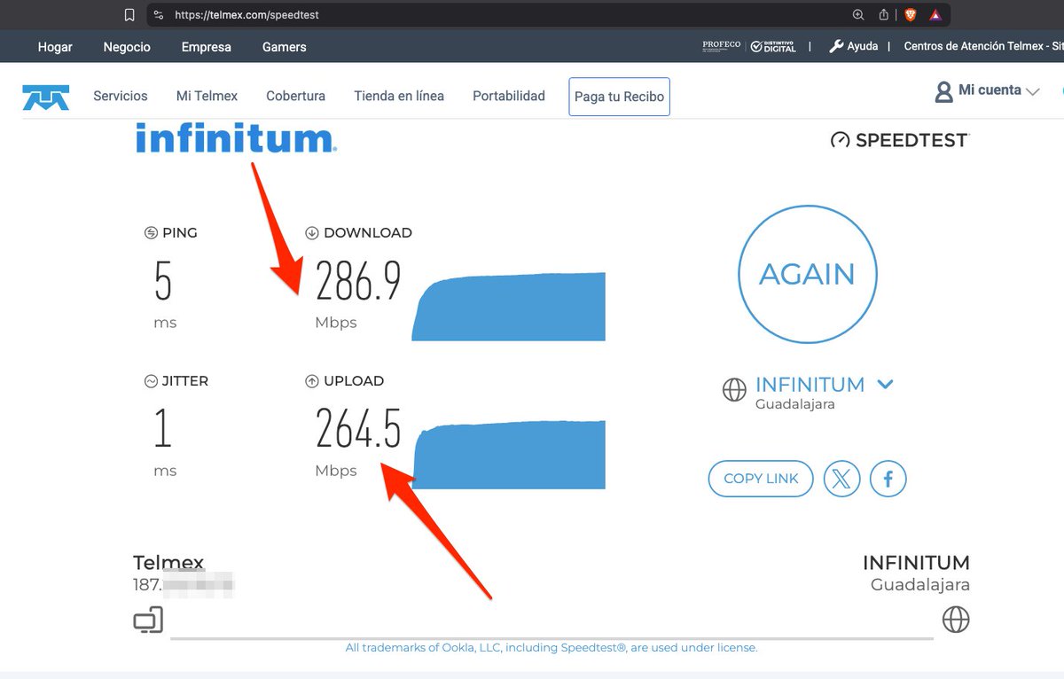mrt_rod's tweet photo. @TELMEXSoluciona @infinitum @Telmex @Profeco esta es la ultima prueba de velocidad que realice hace un par de minutos, no me llegan para nada los 500 megas de bajada ni los 350 de subida que pago puntualmente en mi paquete Telmex, mi pago es domiciliado directo a mi TDC https://t.co/HHaIGY1Xsd