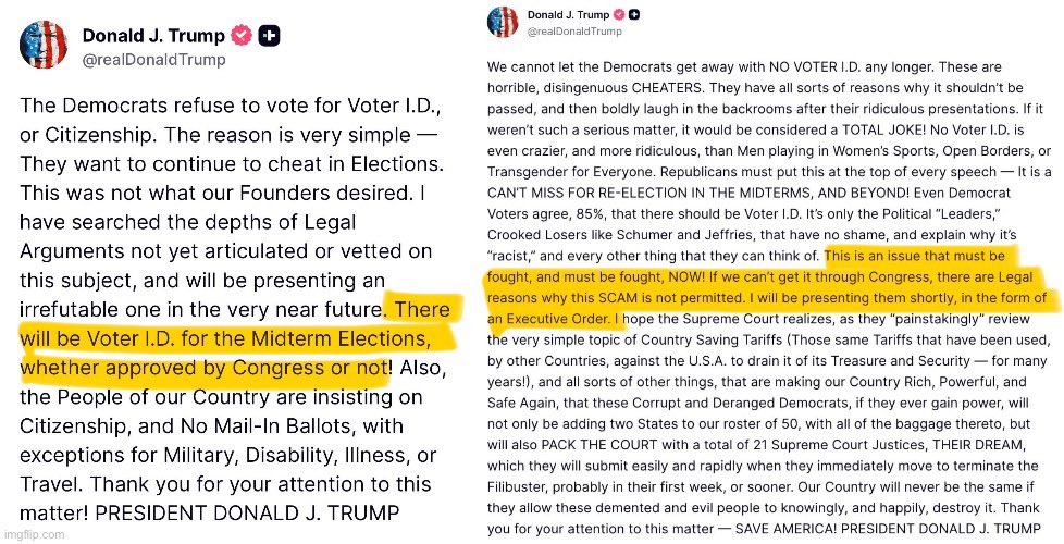 I don’t care if they do a talking filibuster, completely get rid of the filibuster, or if Trump does it by Executive Order.

Voter-ID is going to be implemented before the 2026 election, because it’s a direct threat to NATSEC.

Let the Dems/MSM squeal all they want. Who cares.