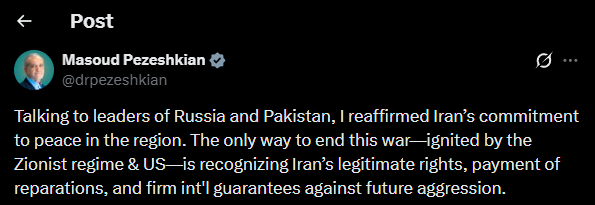 ایران نے پہلی دفعہ جاری جنگ کو ختم کرنے کی شرائط بتادیں۔

 ایران کے جائز حقوق کو تسلیم کیا جائے

نقصانات کا ہرجانہ ادا کیا جائے

مستقبل میں کسی بھی جارحیت کے خلاف مضبوط بین الاقوامی ضمانتیں فراہم کی جائیں۔