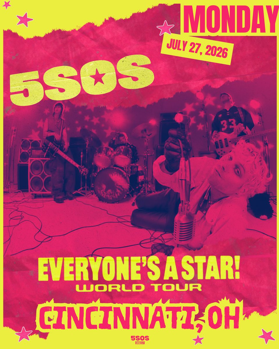 DigestEASTour's tweet photo. EVERYONE'S A STAR in CINCINNATI.
Night 52.
July 27th, 2026.
🏟️: Riverbend Music Center, Cincinnati
👥: 20,500
⏰: 9PM (EDT)
🔗: https://t.co/OS6uuSYngk
@riverbendpnc x @5SOS 

#CincyIsAStar👸
#EASCincy⭐️ https://t.co/lWLAQ1oL4h