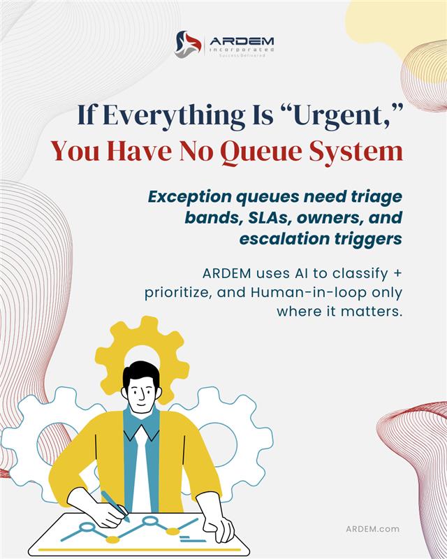 ARDEMinc's tweet photo. Exception queues need triage bands, SLAs, owners, and escalation triggers.
ARDEM uses AI to classify + prioritize, and  Human-in-loop only where it matters.

Get the Exception Queue Operating Model.

#SharedServices #OperationalExcellence #FinanceOps #AIinOperations #ARDEM https://t.co/OXN8sne1dA