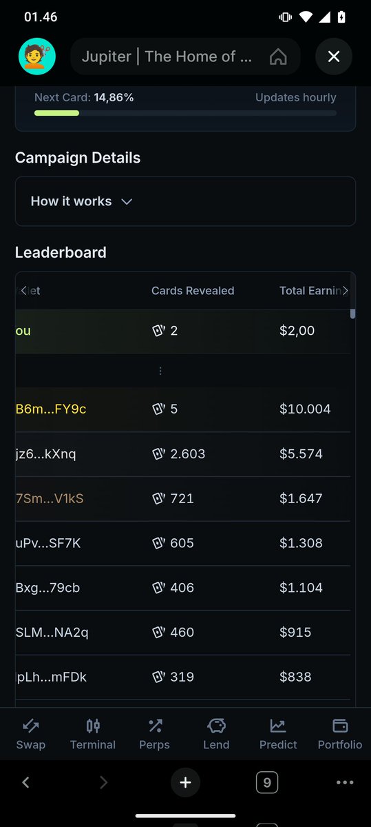 I think this real some one only with 5 eagle and get 10.000 five away from <a href="/JupiterExchange/">Jupiter</a> 
Let's join here 
 jup.ag/?ref=dn11h7jqx…
Swap any coin can memecoin and other
And open the card you get for every 10k $ volume and try you lucky