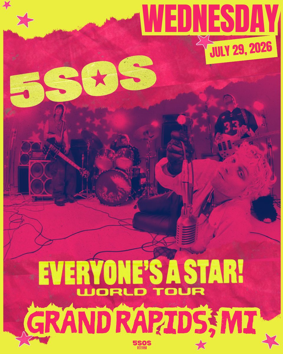 DigestEASTour's tweet photo. EVERYONE'S A STAR in GRAND RAPIDS.
Night 53.
July 29th, 2026.
🏟️: Acrisure Amphitheater, Grand Rapids
👥: 12,000
⏰: 9PM (EDT)
🔗: https://t.co/y0k2rEI4eR
@AcrisureAmp x @5SOS 

#GrandRapidsIsAStar🛋️
#EASGrandRapids⭐️ https://t.co/uNxcrFZTgf