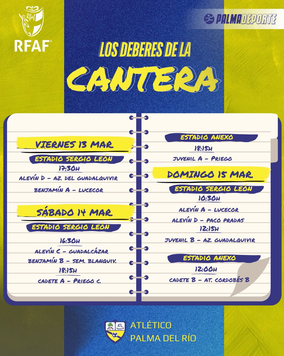 AtcoPalmadelRio's tweet photo. 📚 𝐋𝐨𝐬 𝐝𝐞𝐛𝐞𝐫𝐞𝐬 𝐝𝐞 𝐥𝐚 𝐜𝐚𝐧𝐭𝐞𝐫𝐚 💛

Nuestra #CanteraAmarilla vuelve al verde este fin de semana con una agenda cargada de partidos en casa. Trabajo, ilusión y mucho amarillo y azul defendiendo el escudo 

#AmarilloYAzul #CanteraAmarilla 🟡🔵 https://t.co/kWygDFGLpV