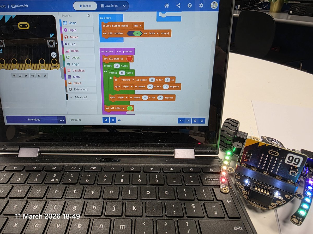 TsuiAllen's tweet photo. Pretty though the programmable LEDs might be with interesting monster sized tyres, the length between wheels makes the #4Tronix #BitBotPro also fall second place to @Kitronik #MaiZ "Too complicated to code" said one of the children because model needed to be specified first... https://t.co/v7eBT6brnP