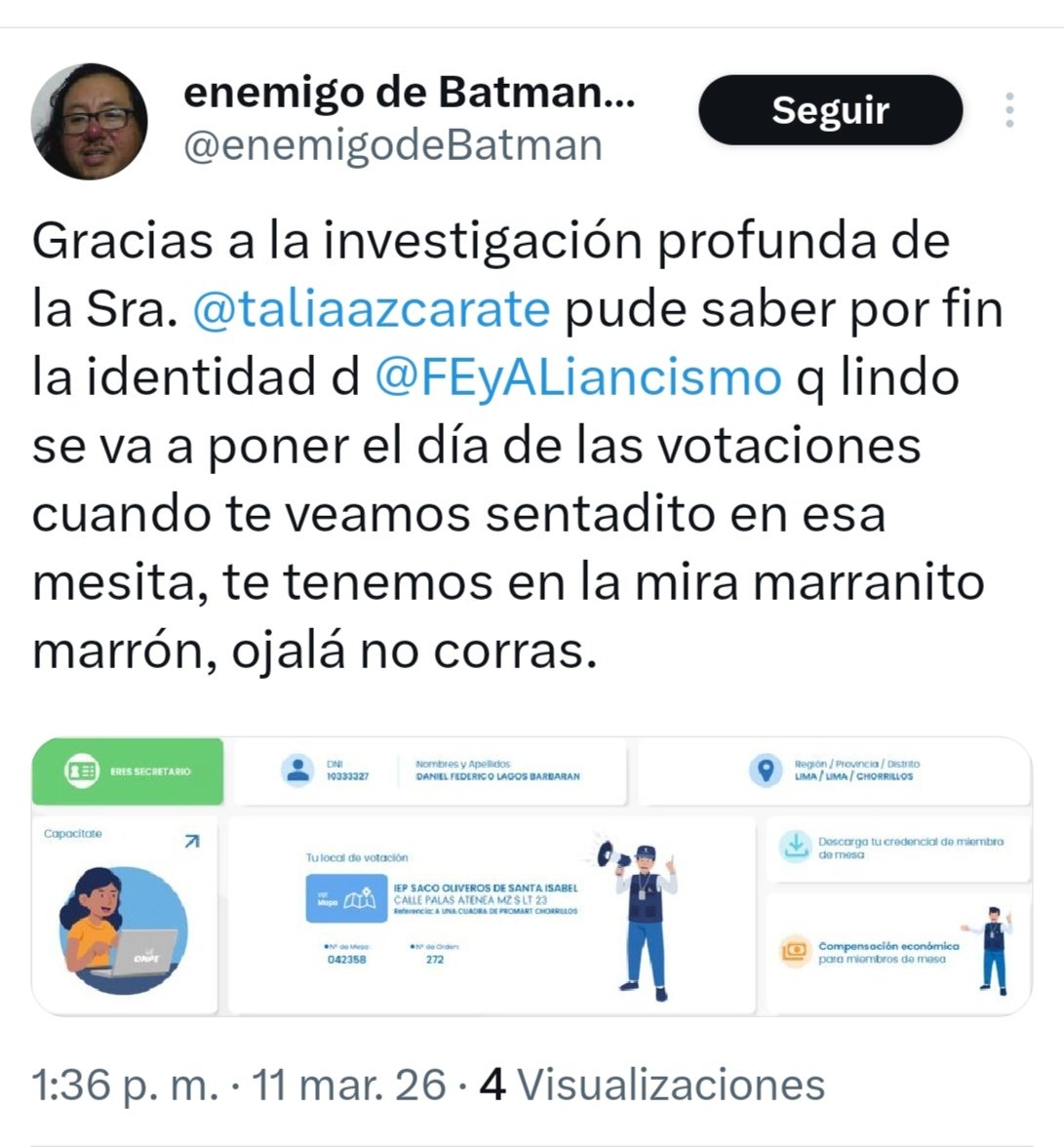 No <a href="/taliaazcarate/">Talía Azcárate</a>, NO DEJASTE MI NOMBRE EN EVIDENCIA.., MI NOMBRE Y MI FOTO YA ERAN POR DEMÁS CONOCIDOS EN REDES..., NO MIENTAS...
LO QUE HAS HECHO ES DIFUNDIR MI NÚMERO DE DNI...

Mi nombre y mi foto YA ERAN POR DEMÁS PÚBLICOS...., COMO ESTÁ EVIDENCIADO EN MUCHAS