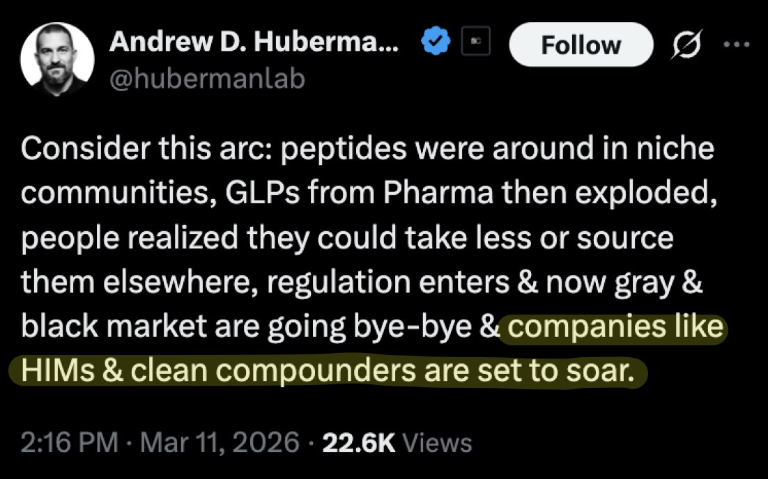 himshouse's tweet photo. 🚨 BREAKING: HUBERMAN SAYS "COMPANIES LIKE $HIMS &amp; CLEAN COMPOUNDERS" ARE SET TO SOAR AS PEPTIDES SHIFT FROM GRAY/BLACK MARKET TO FDA-RECOGNIZED https://t.co/Tj2OpjklVN