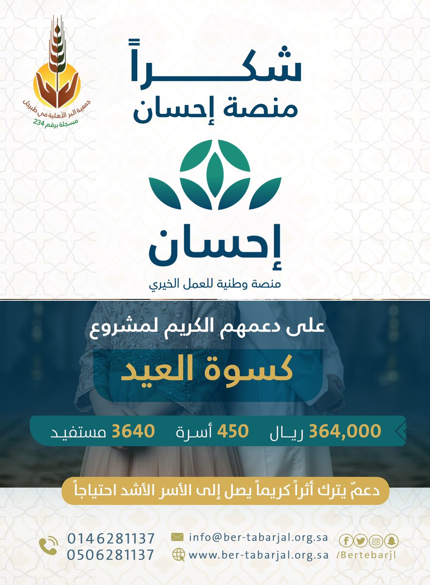 bertebarjl's tweet photo. بكل التقدير والامتنان للدعم المتواصل،
شكرًا #منصة_إحسان @EhsanSA على دعمكم الكريم لبرنامج #كسوة_العيد في جمعية البر بـ #طبرجل
وعلى جهودكم المباركة وعطائكم المستمر 🍃

#جمعية_البر_بطبرجل
#احسان #دعم https://t.co/nx22BWJ2g7