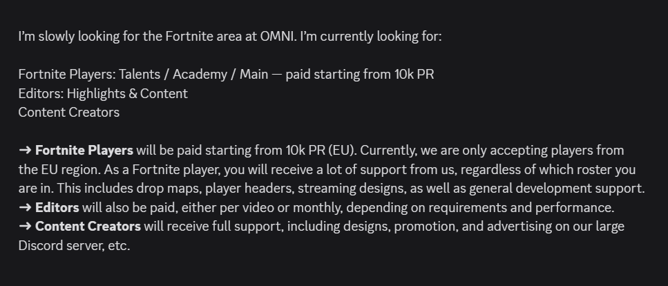 I’m slowly starting to recruit again for the Fortnite area at <a href="/OMNI_EU/">OMNI eSports</a>. I’m currently looking for:

🔸Fortnite Players: Rookies / Talents / Academy / Main 
🔹Editors: Highlights &amp; Content
🔸Content Creators

DM me if you are interested in anything! 🫡🍀