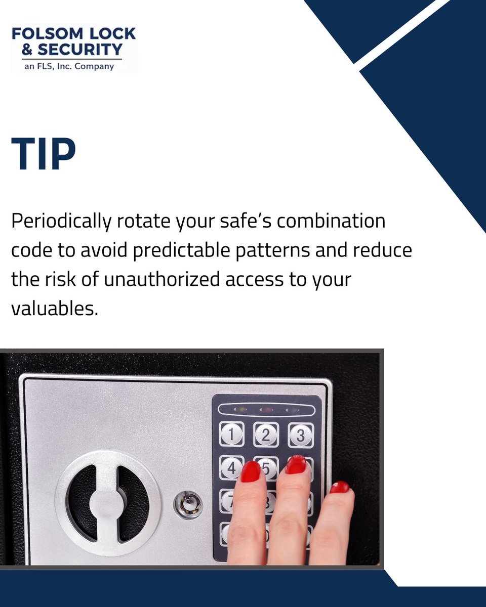 FolsomLocks's tweet image. Periodically rotate your safe’s combination code to avoid predictable patterns and reduce the risk of unauthorized access to your valuables.

#LocksmithServices #LockInstallation #SafeInstallation #SteelDoorSecurity #GateRepair #AccessControlSystems #ElectronicRekeying