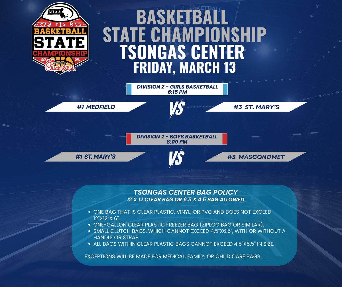 MIAA033's tweet photo. 🏀 Let the Basketball State Championships Begin!!  We are kicking off a weekend of Basketball at Tsongas Center. Friday Matchups are set you don't want to miss them 🎫Tickets  https://t.co/VZiRODJt96  Merc https://t.co/VOMso7L2YB🗑️ https://t.co/IxipIDsr2Q