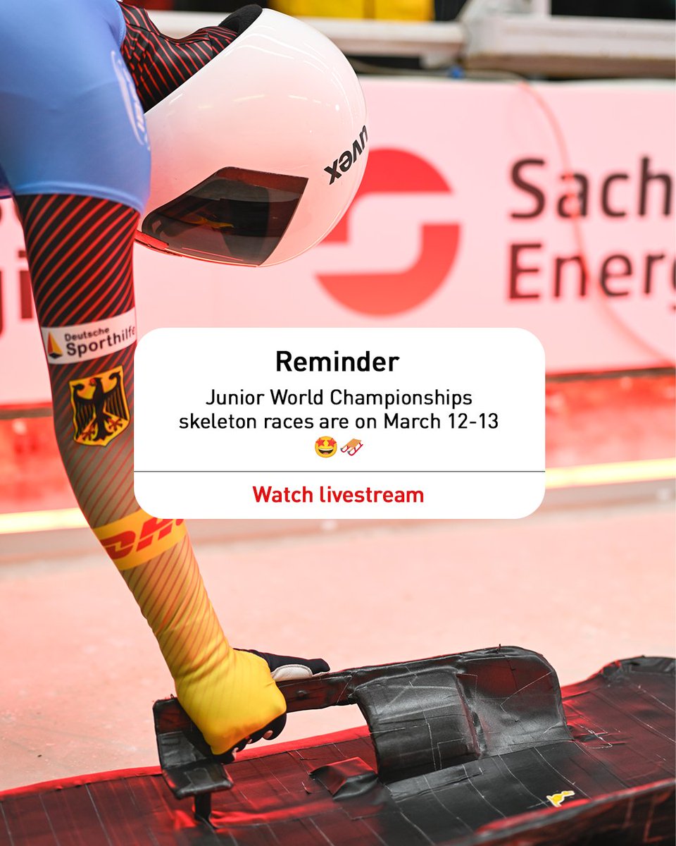 Don't miss any of Junior World Championships race action! 🤩

You can follow our junior #skeleton athletes on livestream:
▪️ SachsenEnergie-Eiskanal.de/livestream
▪️ youtube.com/bobbahnaltenbe…

Full races schedules 👉 ibsf.org

#IBSF #JuniorWorldChs