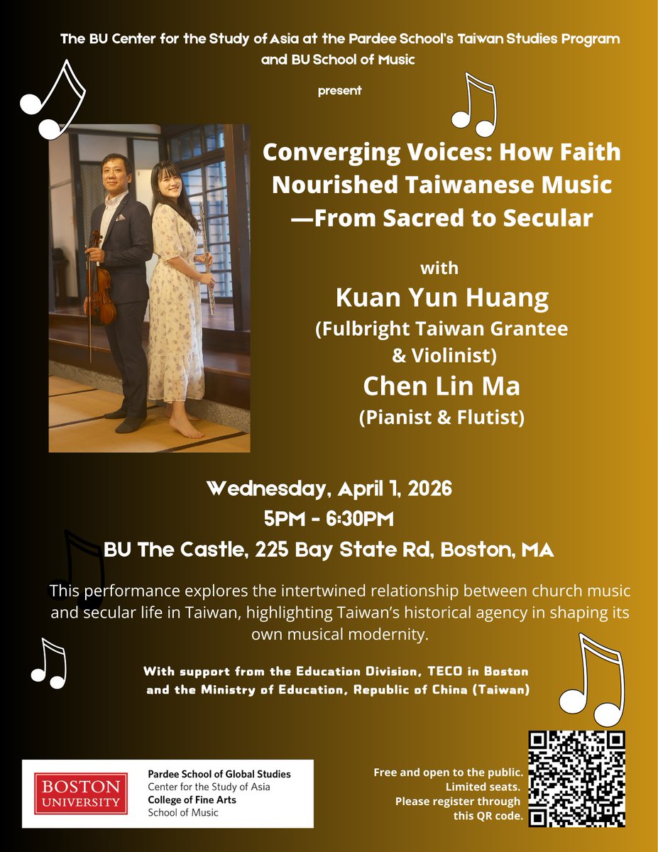 bucgcm's tweet photo. 🎶 Join us on April 1 for a music recital, "Converging Voices: How Faith Nourished Taiwanese Music."
📅 April 1, 2026 
🕔 5–6:30 PM
📍Boston University, The Castle,
Free &amp; open to the public. Register through QR Code on the flyer. https://t.co/sguqLmoLml