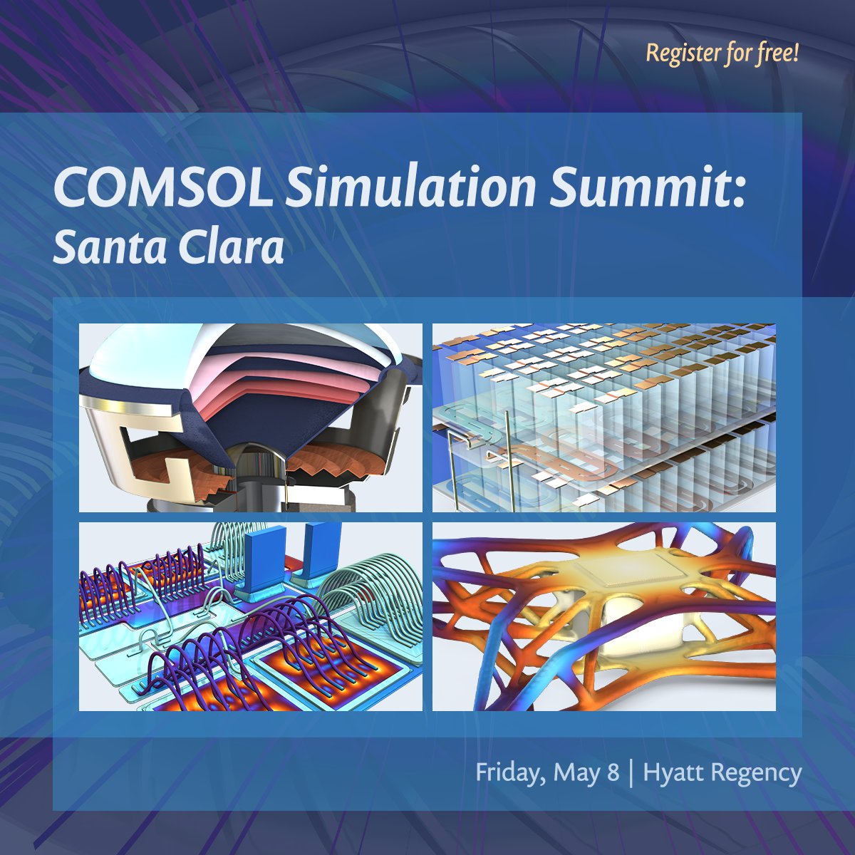 COMSOL_Inc's tweet photo. Join us May 8 in Santa Clara, California, for our first-ever Simulation Summit! 

At the event, engineers, researchers, and tech leaders will come together to explore how multiphysics simulation is transforming product design. 

Check out the event’s program here: https://t.co/Re4wqJIuUS