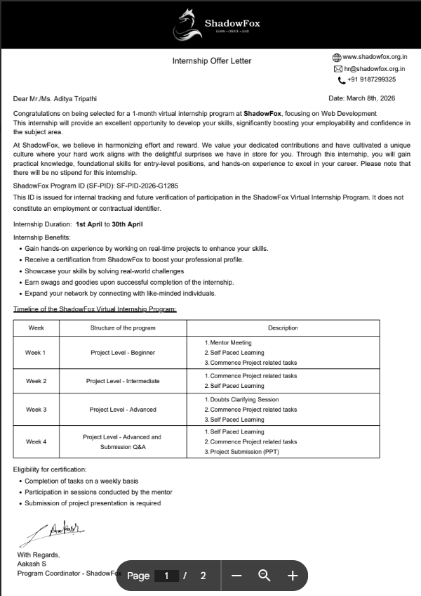 adityacs22's tweet image. Excited to start my journey as a Web Development Intern at ShadowFox 🚀

Looking forward to learning, building projects, and growing as a developer!

#WebDevelopment #Internship #ShadowFox #Tech