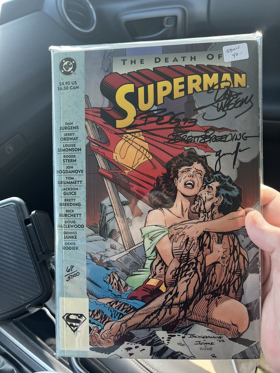 SeanTourangeau's tweet photo. Today’s comic find at a reasonable price the Death of Superman Trade Paperback signed by #danjurgens #brettbreeding #jonboganove and #tomgrummett I know this story was a little over saturated but big influence on my art back in my twenties. @DCOfficial @thedanjurgens #superman
