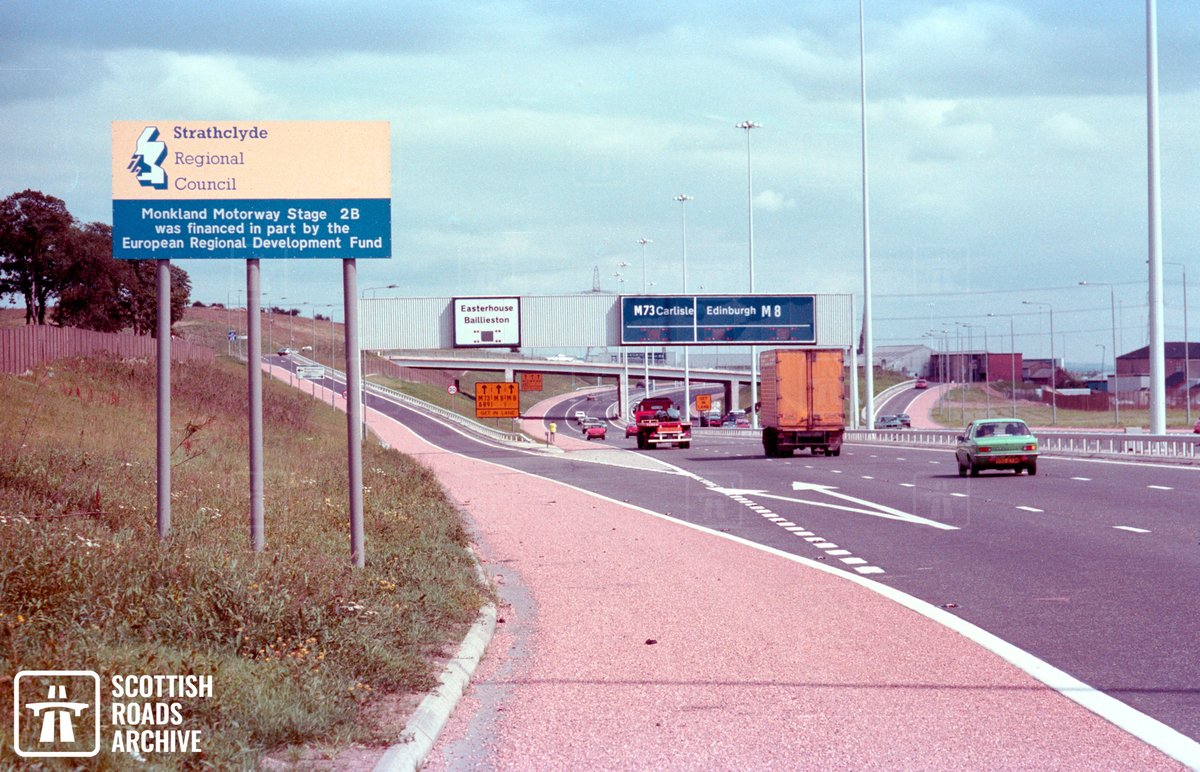 ScotRoadArchive's tweet image. #ThenAndNow It's off to #glasgow today showing the gulf of changes on the M8 Monkland Motorway at J9 Easterhouse. 

The historic image, now 40 years old, shows the original Strathclyde scheme board and red hard shoulders that we love. 🛣🚗

#archives