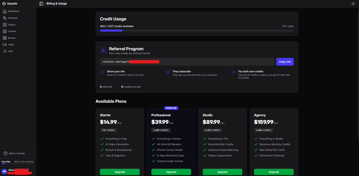 Update/ new feature on style2ai.com:

I'm now adding a referral program, (find it in billing and usage page)  you get 50 credits for each referral which is stackable. 

New user using your referral link gets 25 additional credits and you get 50.