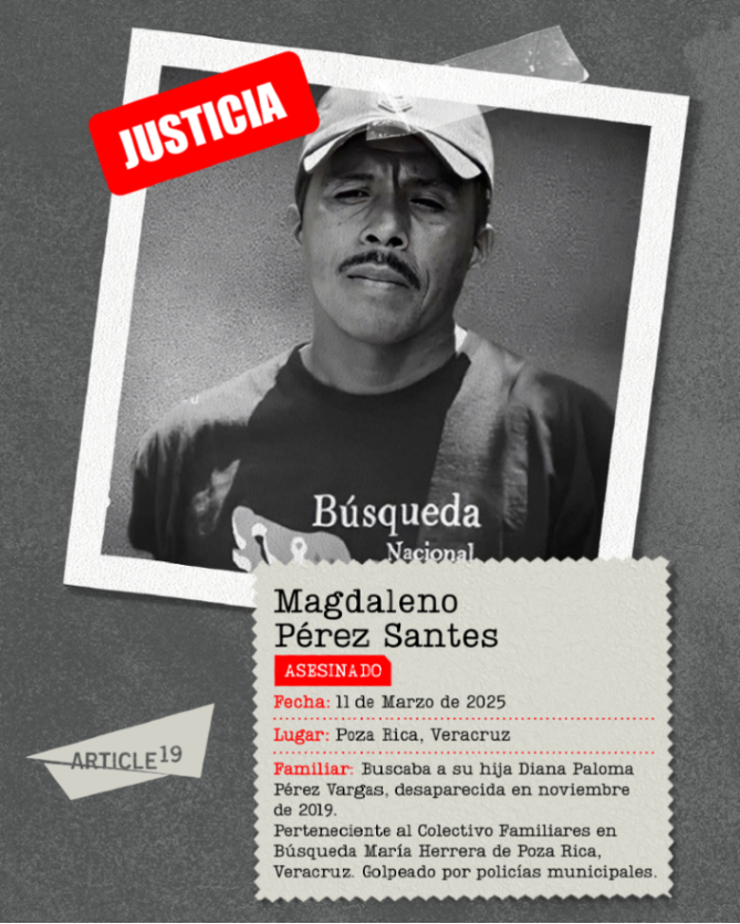 🕯️ Hoy recordamos a Magdaleno Pérez Santes, padre buscador que pertenecía al Colectivo de Búsqueda María Herrera de Poza Rica.

Magdaleno buscaba a su hija Diana Paloma Pérez Vargas, desaparecida en 2019.

¡Seguimos exigiendo justicia!