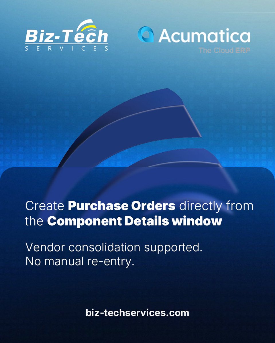 biz_tech85837's tweet photo. As kit volumes grow, operations become more complex.
Biz-Tech’s Kit Processing for Acumatica keeps procurement, assembly, and revisions structured inside ERP — from sales order to fulfillment.
#Acumatica #ERPIntegration #InventoryManagement #ManufacturingOps #BizTechServices https://t.co/clCRCxM9Hk