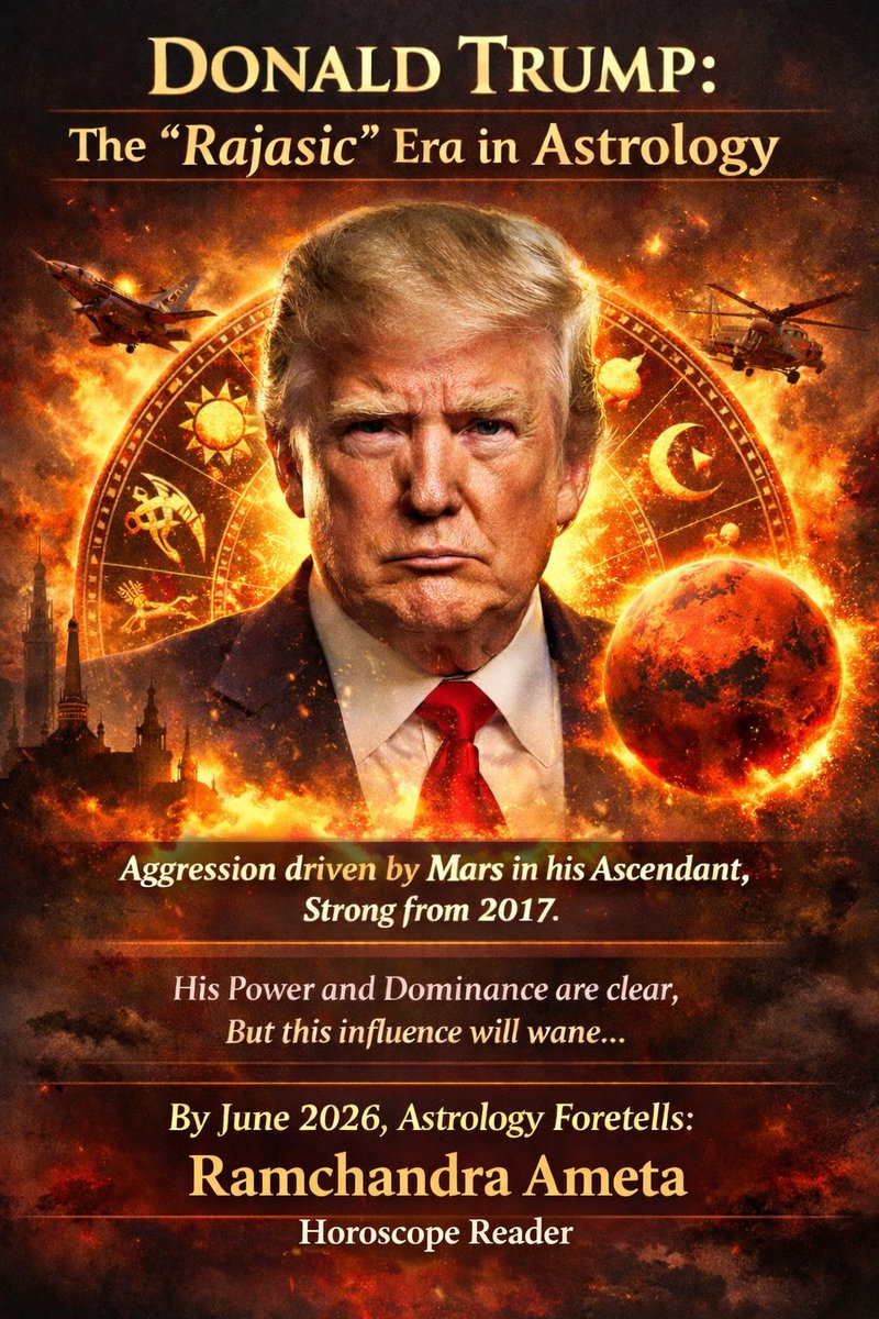 horoscopereader's tweet image. Donald Trump’s aggression is strongly influenced by Mars placed in his Ascendant, which has been powerful since 2017.
Astrologically, this influence is expected to weaken after June 2026.
Ramchandra Ameta
Horoscope Reader
#Astrology #Jyotish #PoliticalAstrology #Mars